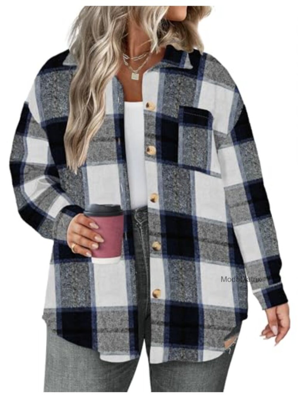 Plaid Shacket Button Down Flannel Shirt Oversized Loose Fit Casual Coat